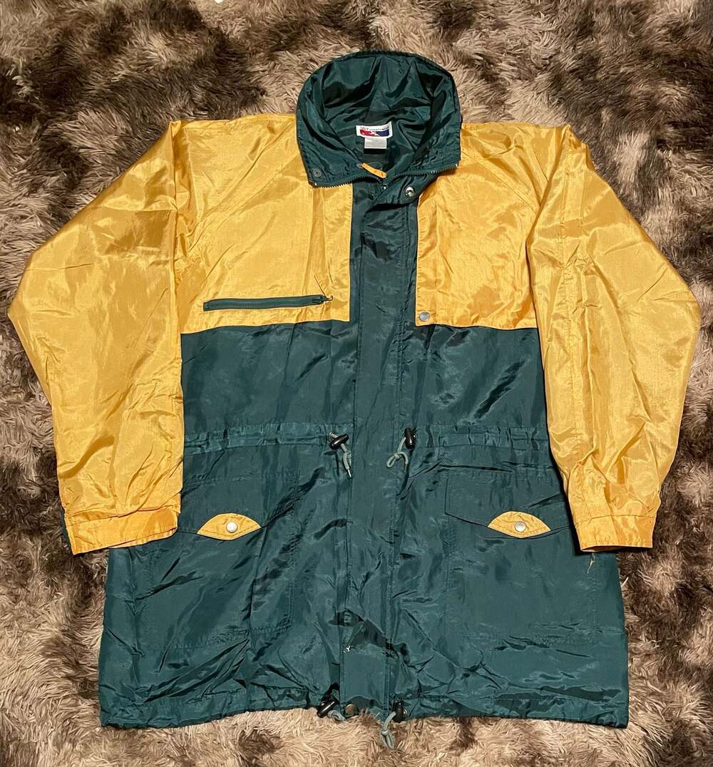AST Sportswear Vintage 90s Windbreaker Rain Jacket Green and Gold